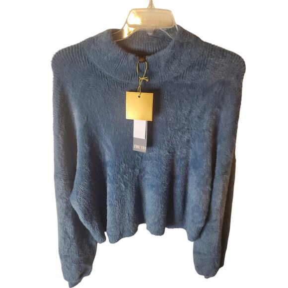Truth by Republic Petrol Blue Fuzzy Crop Mock Neck Sweater, XL - Picture 1 of 6